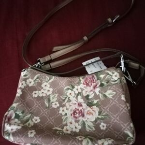 Nine West Tan and Pink Crossbody Bag with Floral Design